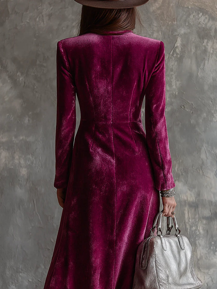 Vestido Maxi de Terciopelo Morado con Botones Estilo Blazer