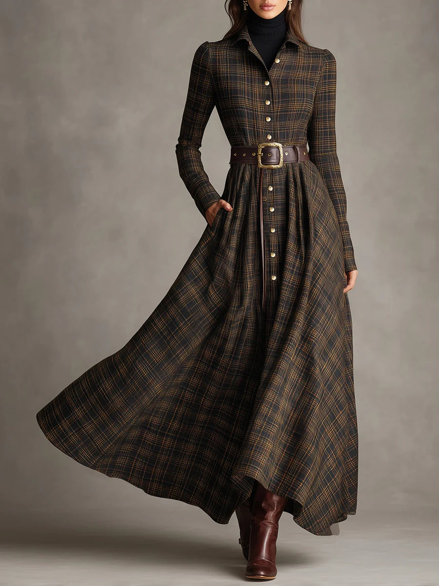 Vestido Largo de Cuadros Marrón y Negro con Solapa y Botones