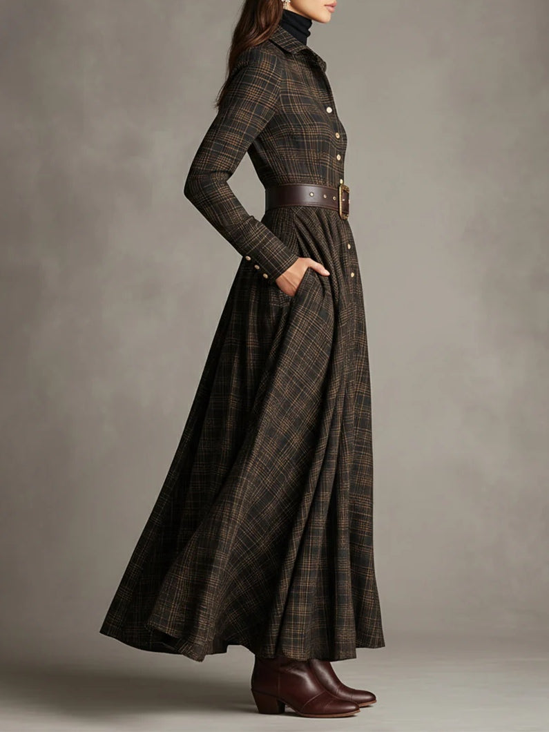 Vestido Largo de Cuadros Marrón y Negro con Solapa y Botones
