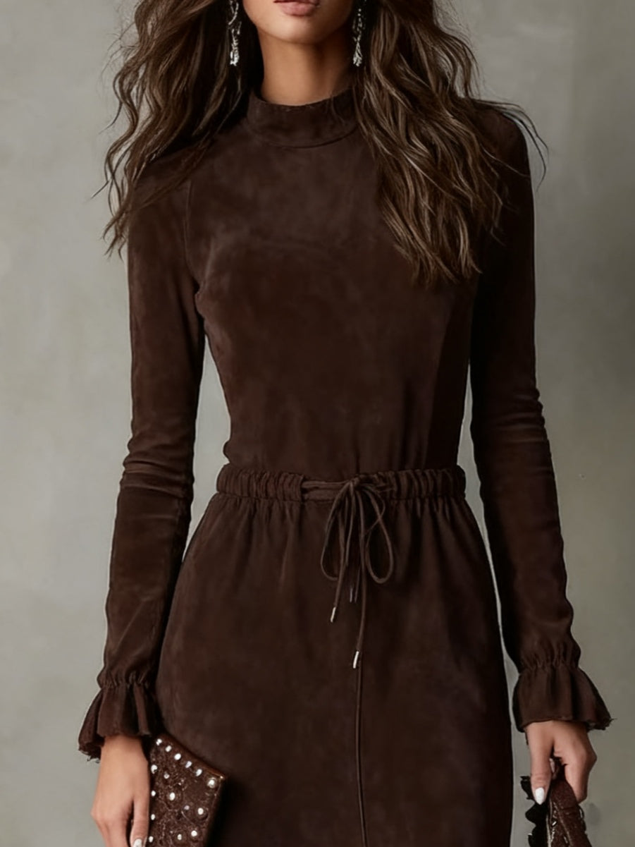 Vestido Midi de Ante Marrón Oscuro con Cordón y Bajo Irregular