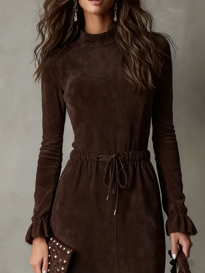 Vestido Midi de Ante Marrón Oscuro con Cordón y Bajo Irregular