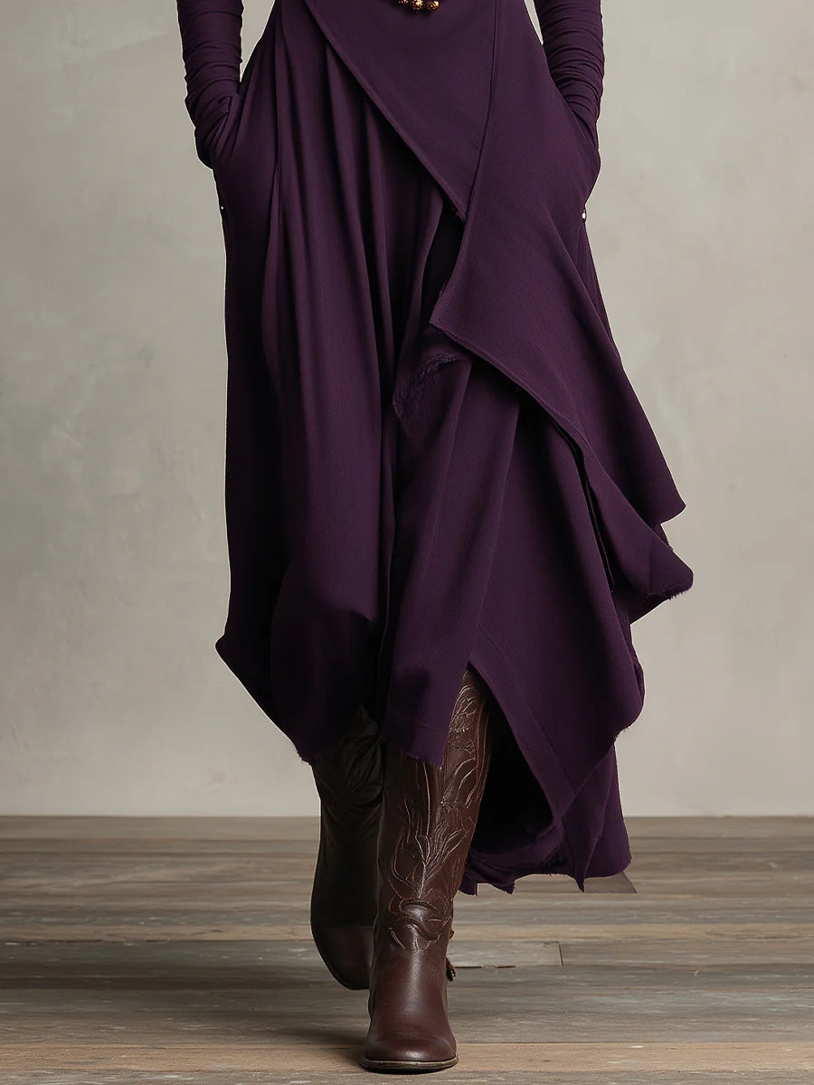 Vestido Maxi Morado Asimétrico con Cuello Alto y Pliegues