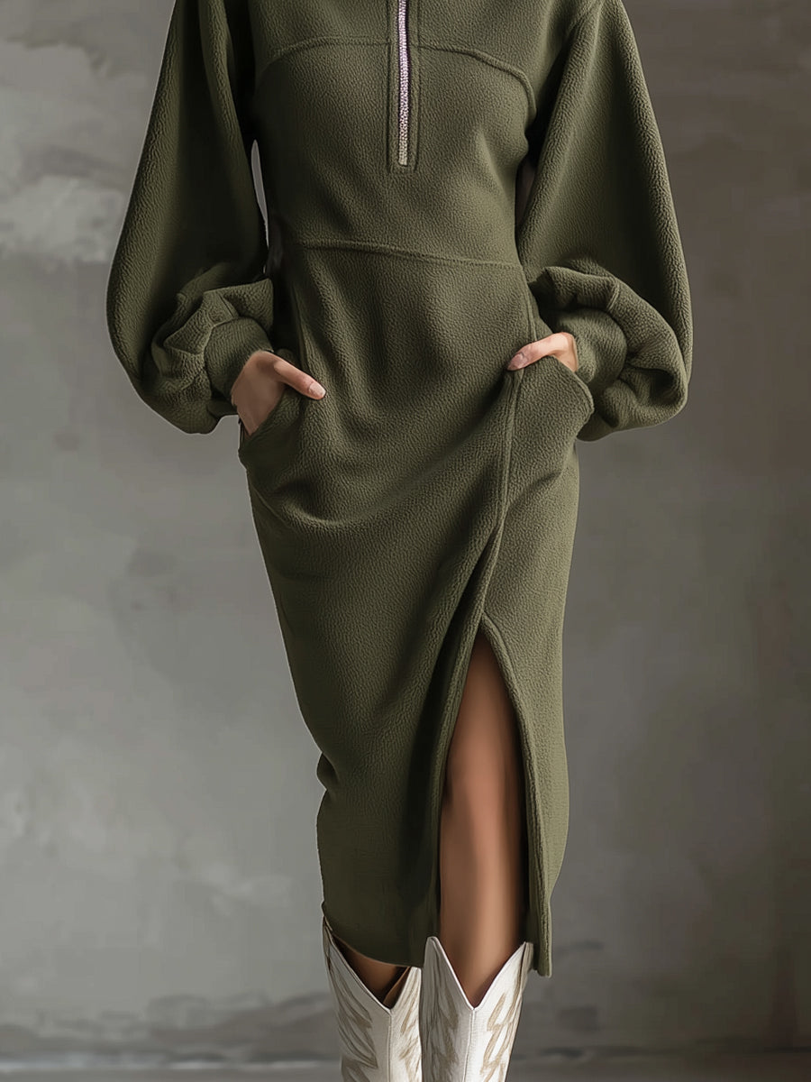 Vestido Midi de Forro Polar con Mangas Farol y Cremallera Delantera