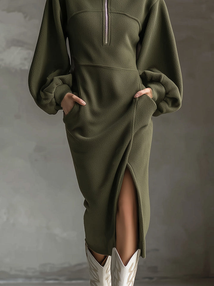 Vestido Midi de Forro Polar con Mangas Farol y Cremallera Delantera