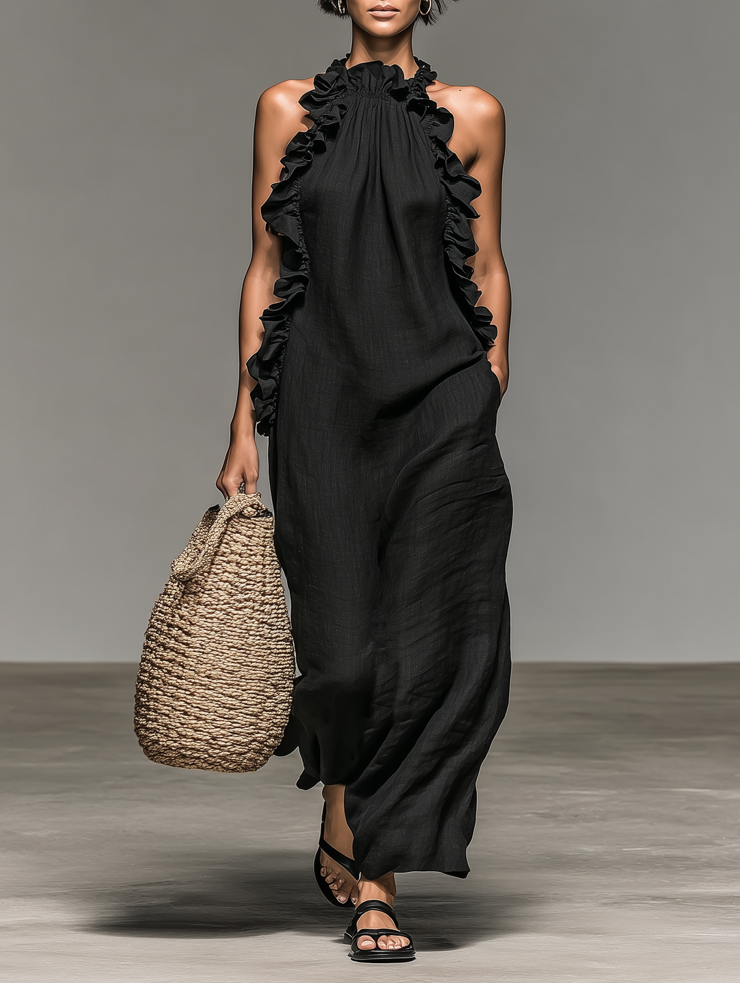 Vestido Maxi de Lino sin Mangas con Volantes