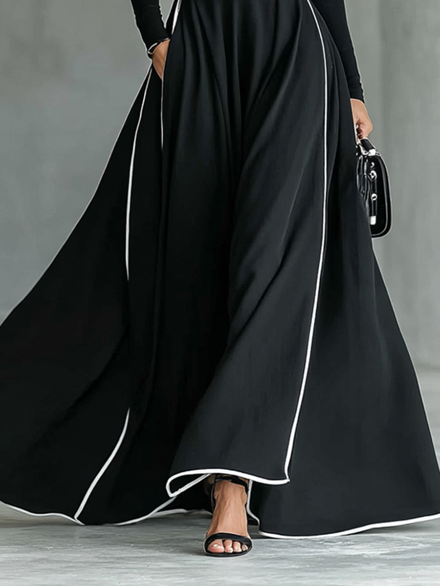 Vestido Maxi Negro con Cuello Alto, Manga Larga y Cinturón Ajustado