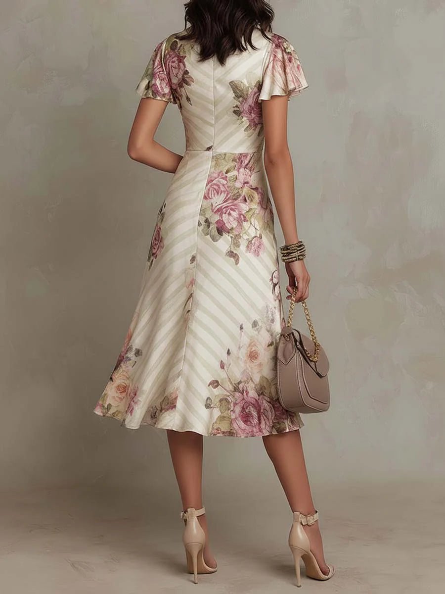Andrea | Vestido midi satinado con estampado floral, elegante y sofisticado
