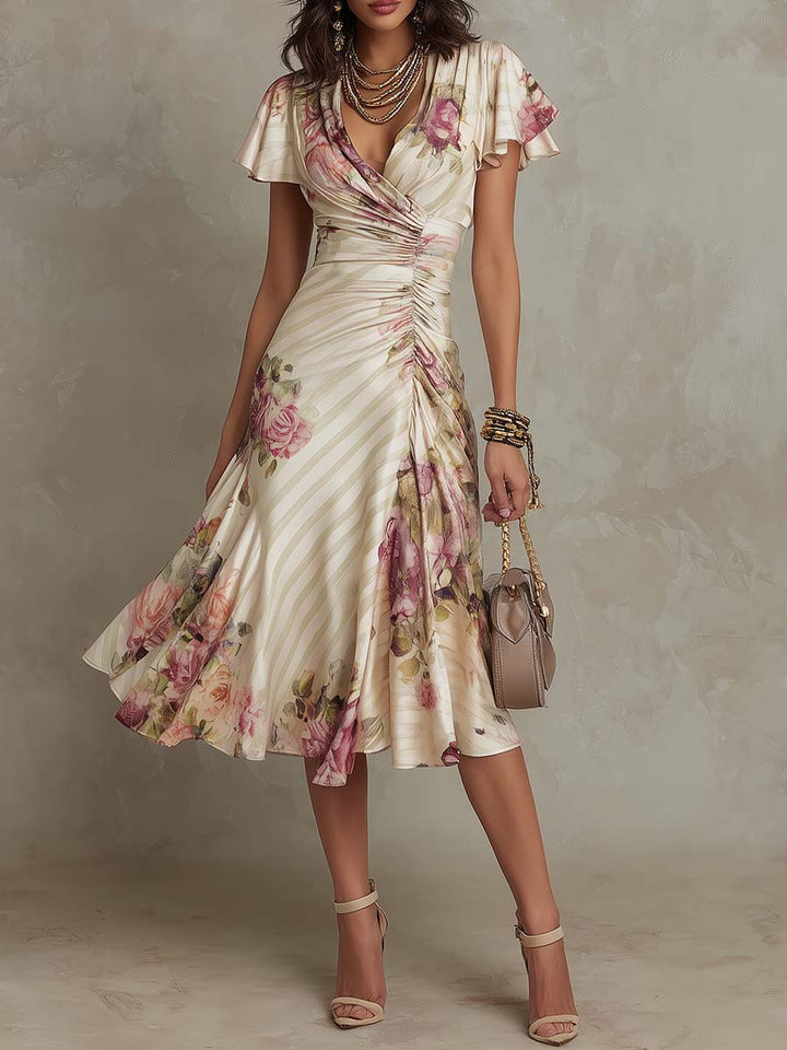 Andrea | Vestido midi satinado con estampado floral, elegante y sofisticado
