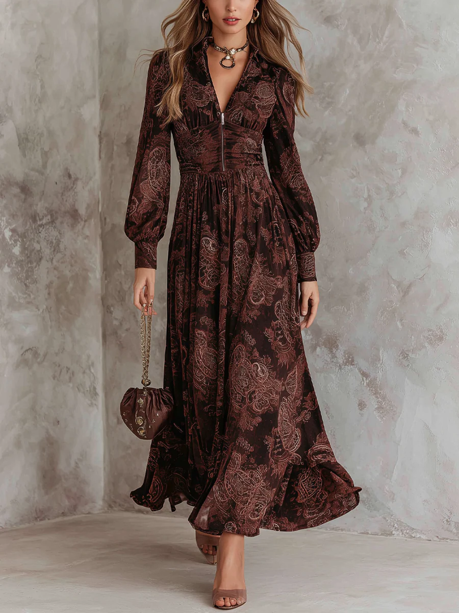 Vestido Maxi Marrón con Estampado Paisley y Cremallera en la Cintura
