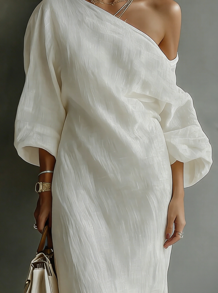 Vestido Maxi de Lino y Algodón con Hombro Descubierto en Blanco Marfil