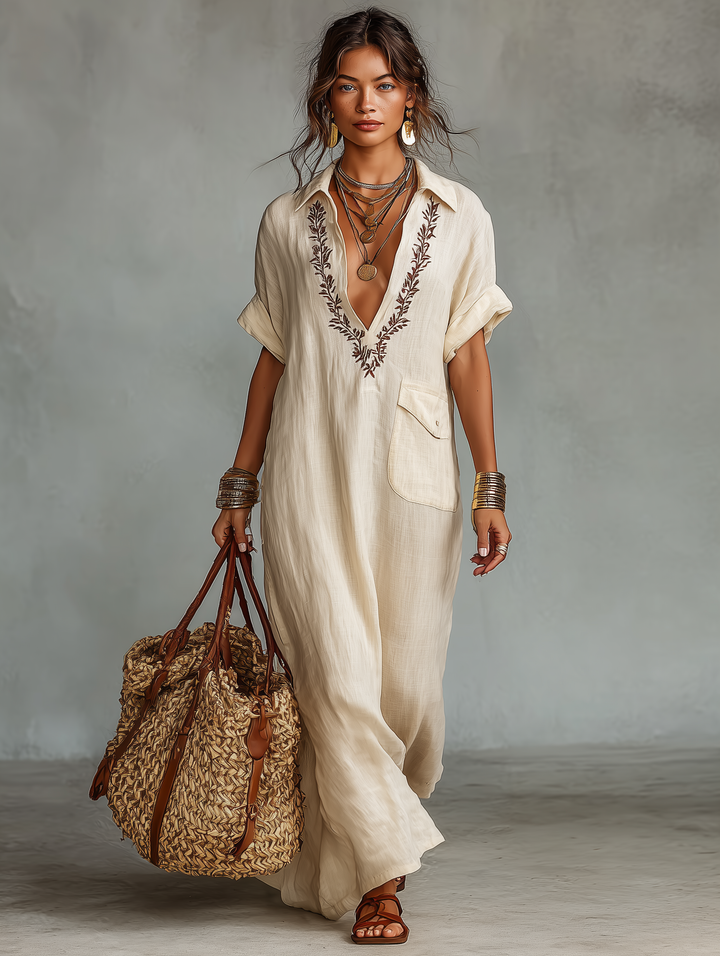 Vestido Maxi Camisero de Lino con Bordado y Manga Corta