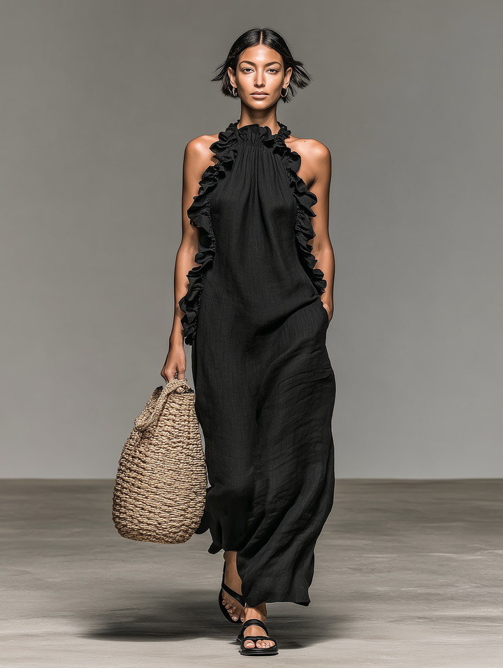 Vestido Maxi de Lino sin Mangas con Volantes