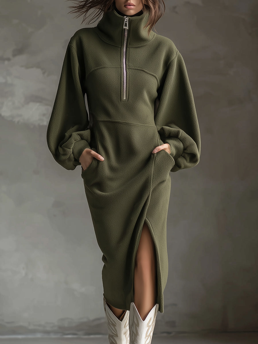 Vestido Midi de Forro Polar con Mangas Farol y Cremallera Delantera