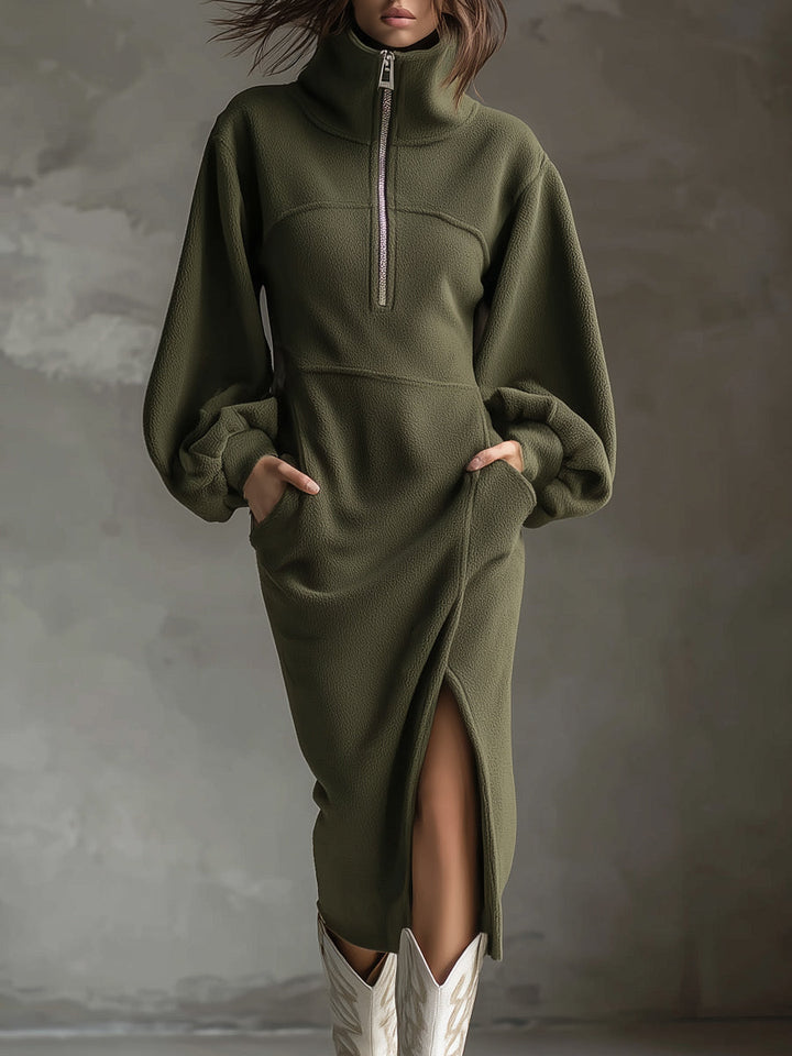 Vestido Midi de Forro Polar con Mangas Farol y Cremallera Delantera