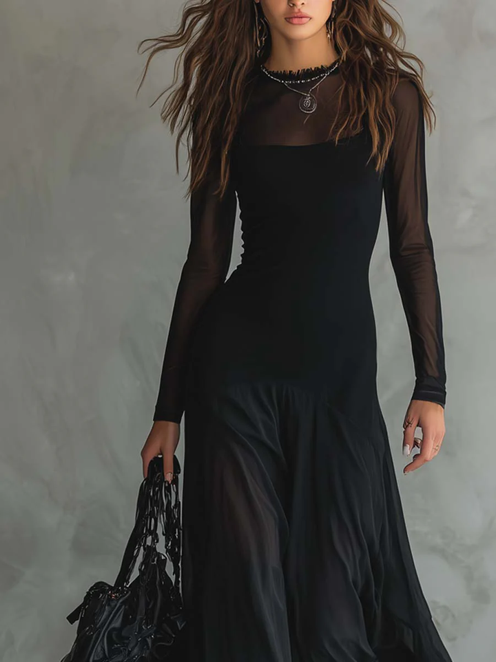 Vestido Maxi Negro con Patchwork de Tul