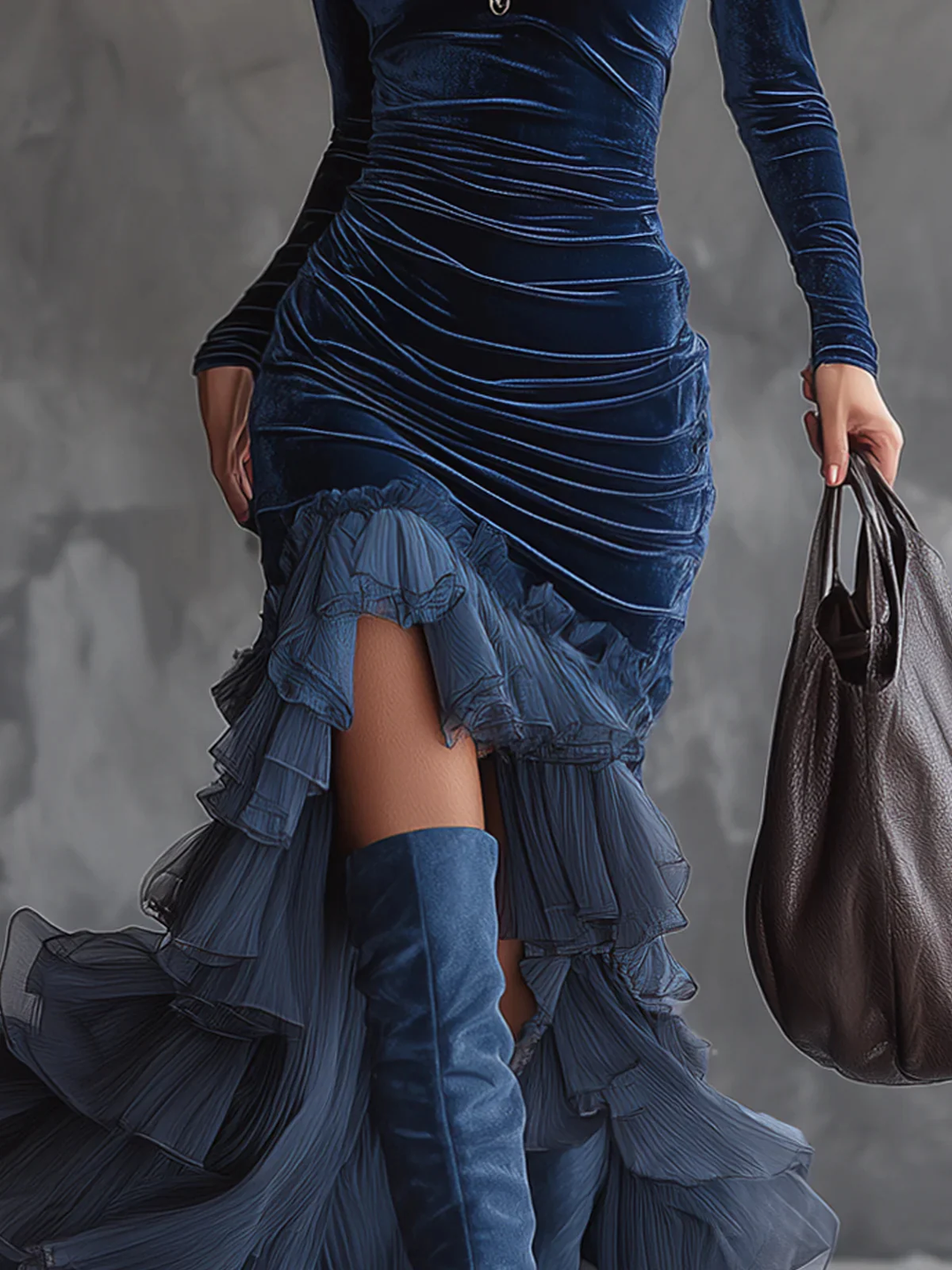 Vestido Maxi de Terciopelo Azul Oscuro con Pliegues y Volantes