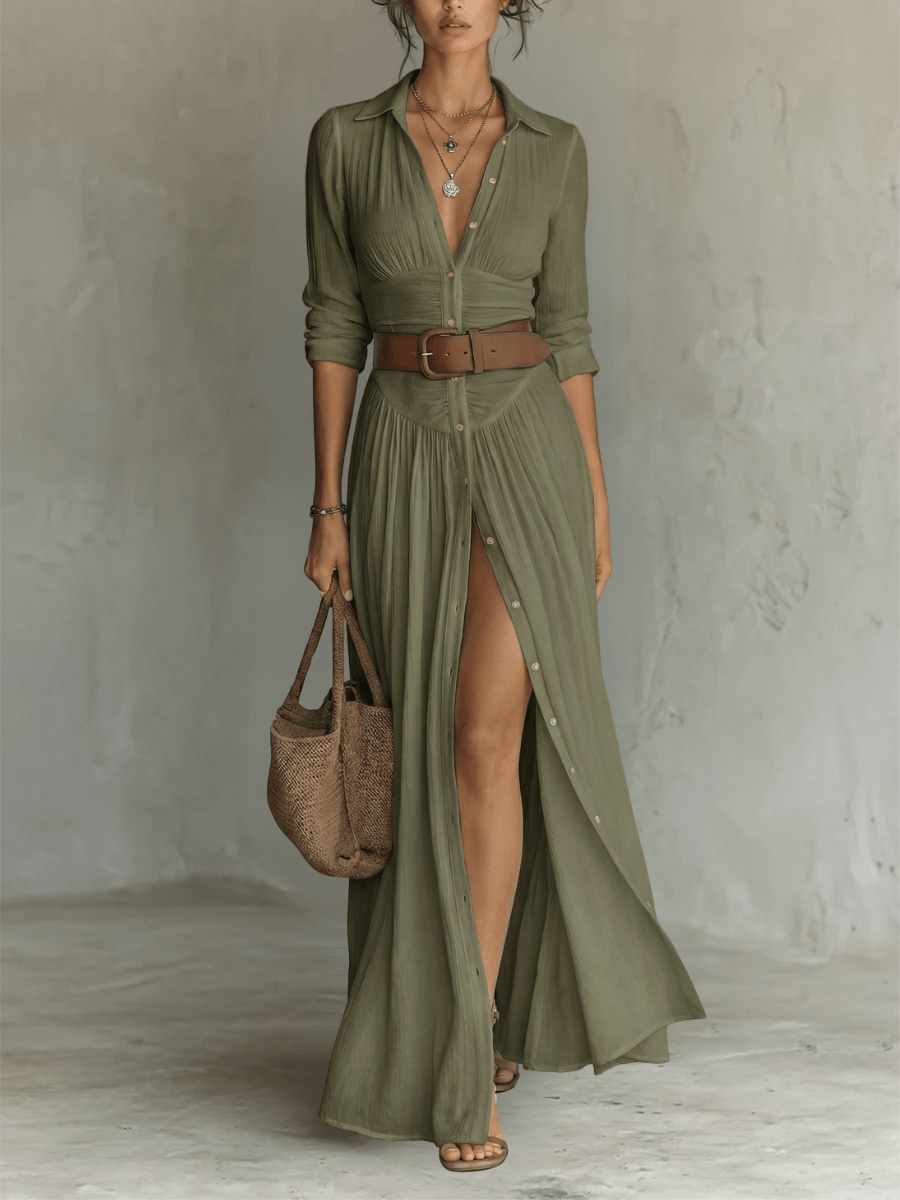 Clara | Vestido maxi de lino con cuello de solapa — elegante y versátil
