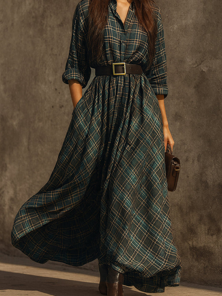 Vestido largo mujer cuadros retro – estilo elegante casual