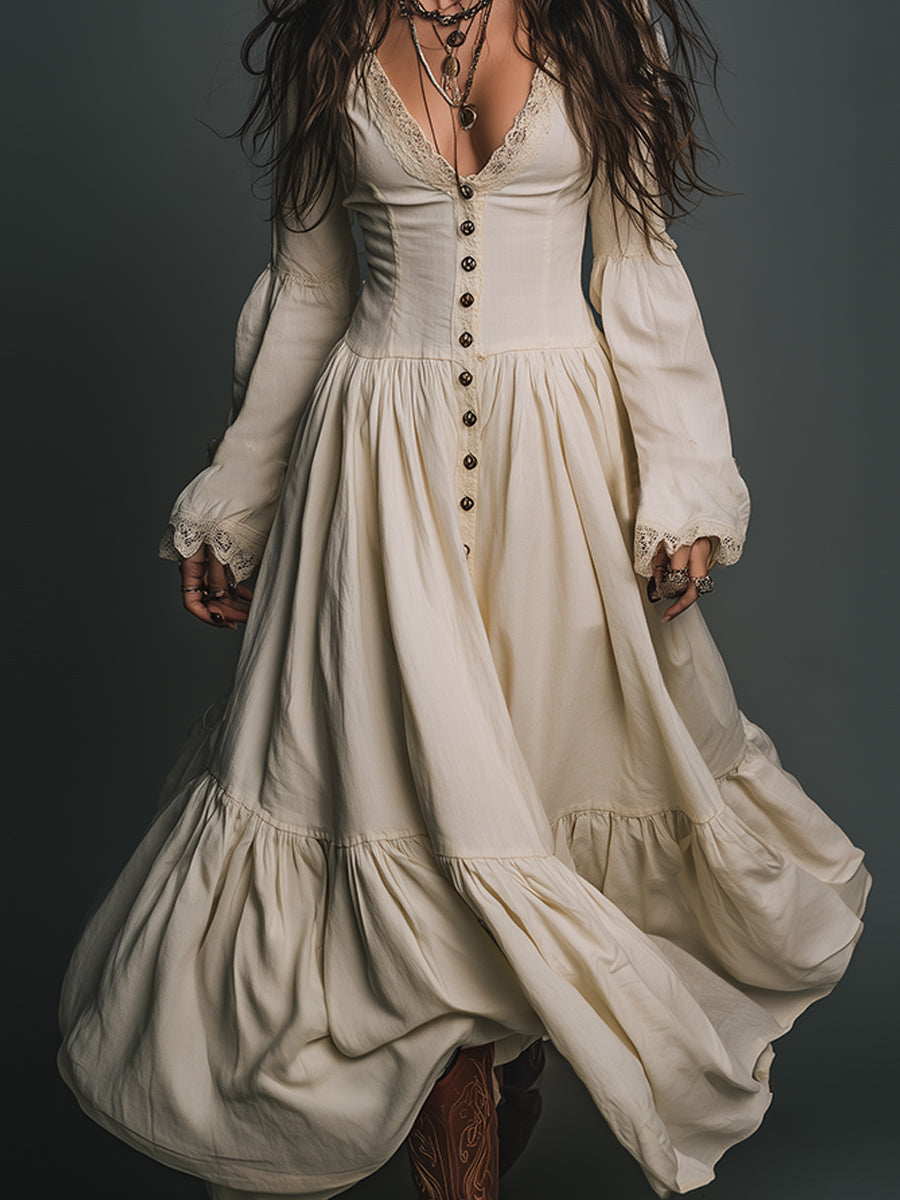 Vestido Maxi de Algodón con Encaje Vintage y Botones
