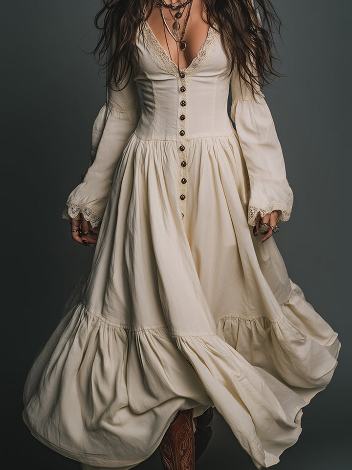 Vestido Maxi de Algodón con Encaje Vintage y Botones