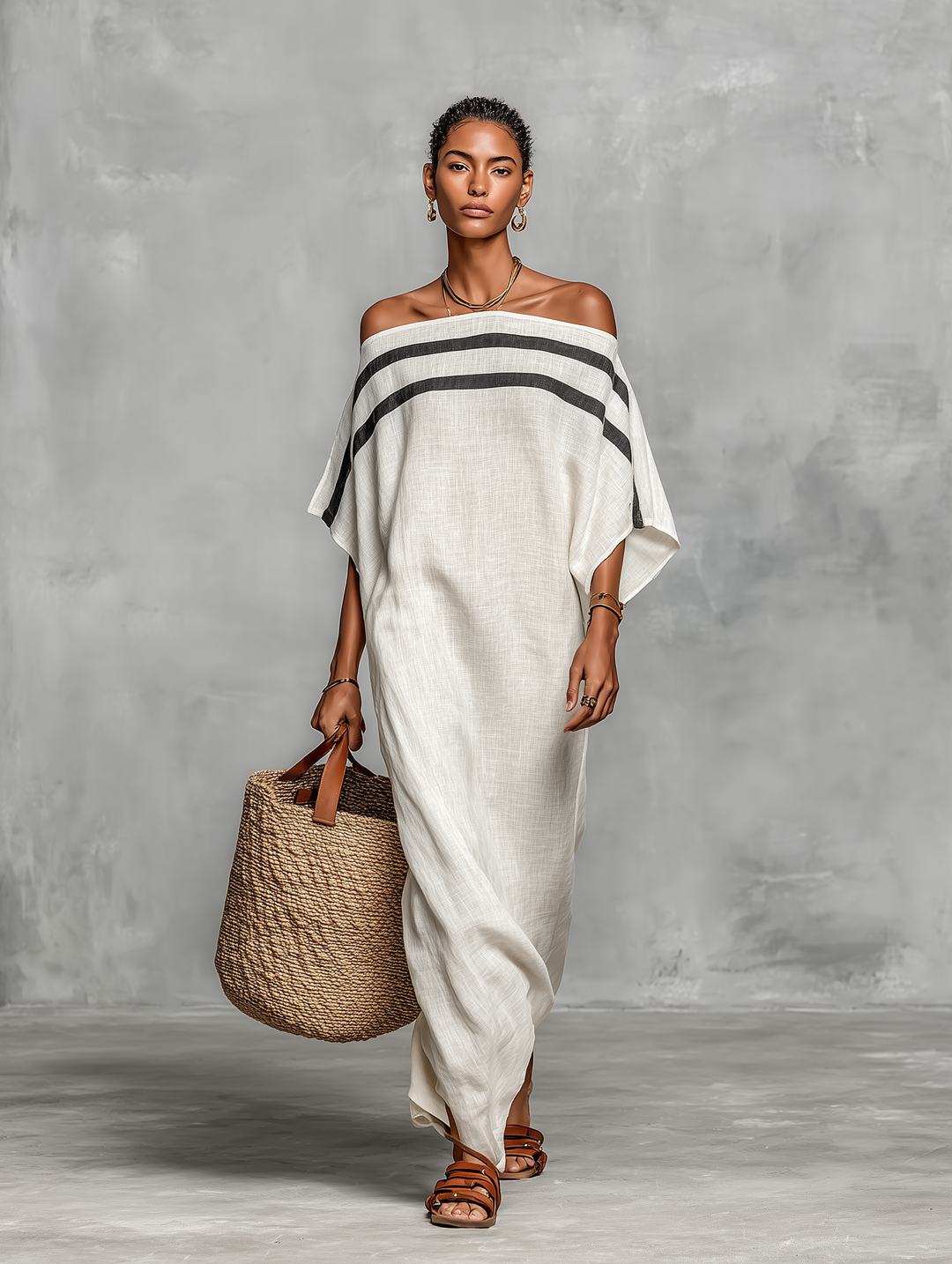Vestido Maxi de Lino con Hombros Descubiertos y Mangas Murciélago Minimalista