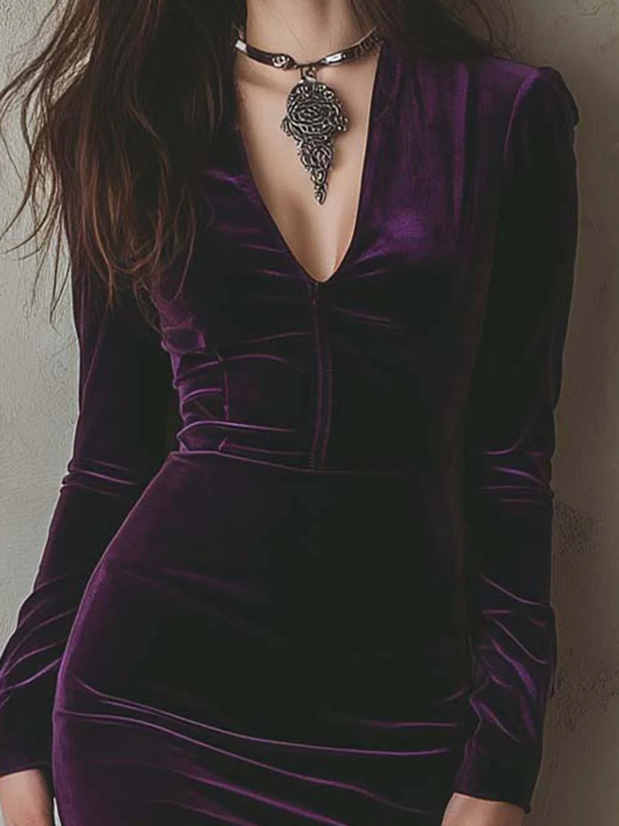 Vestido Midi de Terciopelo Morado Ajustado con Manga Larga