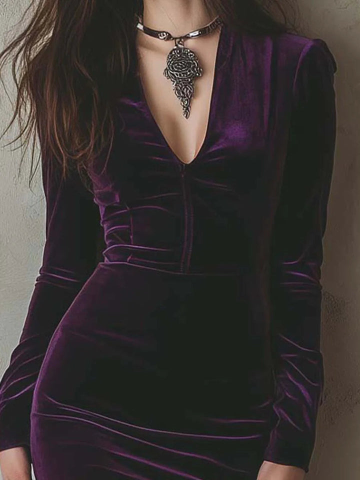 Vestido Midi de Terciopelo Morado Ajustado con Manga Larga