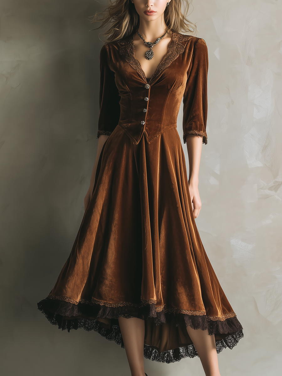 Vestido Midi de Terciopelo Vintage con Encaje y Manga Tres Cuartos