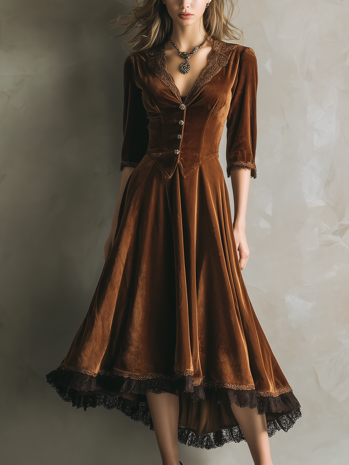Vestido Midi de Terciopelo Vintage con Encaje y Manga Tres Cuartos