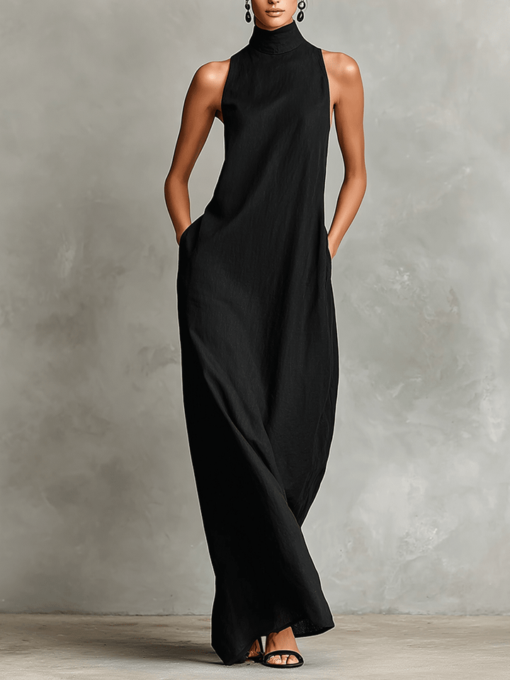 Eva | Vestido Largo de Lino con Cuello Alto, Elegancia Natural