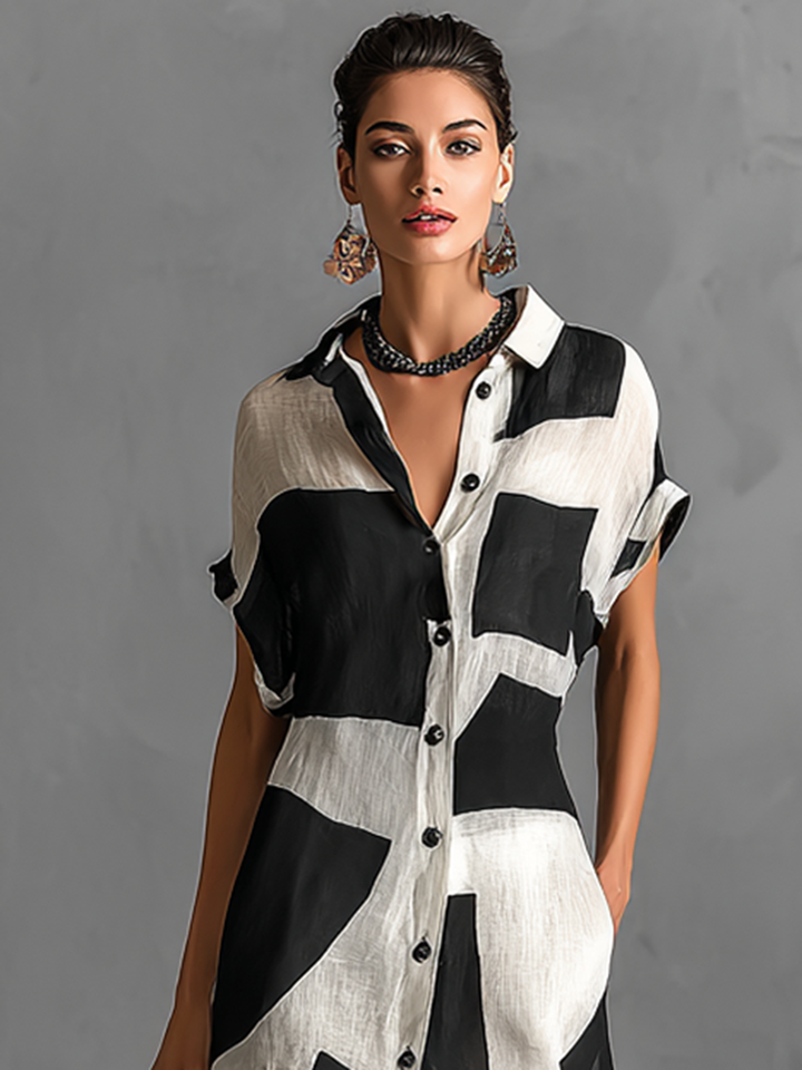 Vestido Maxi Camisero de Lino y Algodón con Estampado Geométrico
