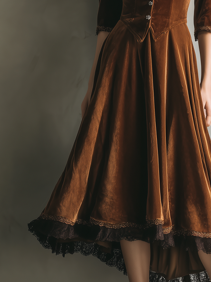 Vestido Midi de Terciopelo Vintage con Encaje y Manga Tres Cuartos