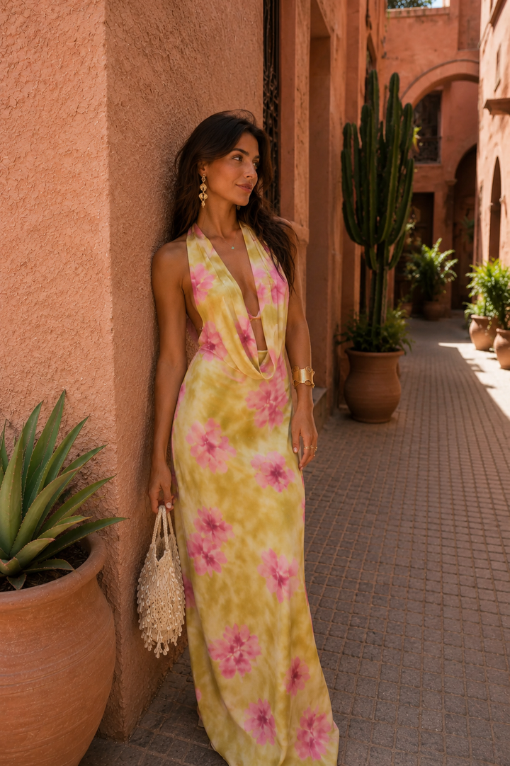 Vestido largo floral con escote halter