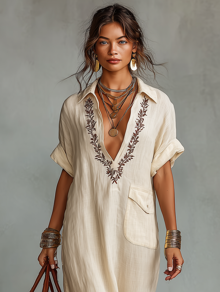 Vestido Maxi Camisero de Lino con Bordado y Manga Corta