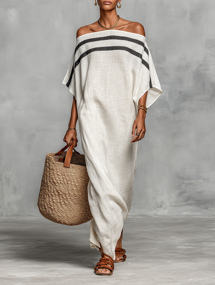Vestido Maxi de Lino con Hombros Descubiertos y Mangas Murciélago Minimalista