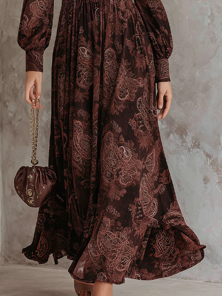 Vestido Maxi Marrón con Estampado Paisley y Cremallera en la Cintura