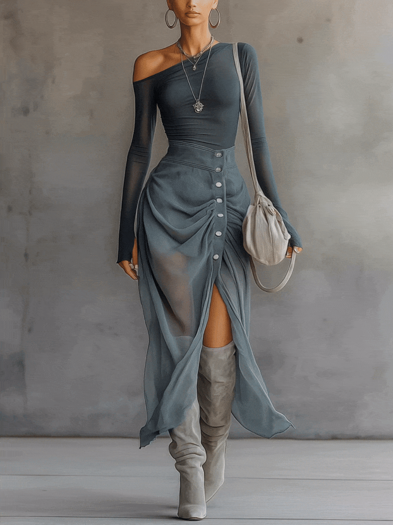 Vestido Maxi Azul de Malla con Hombros Descubiertos