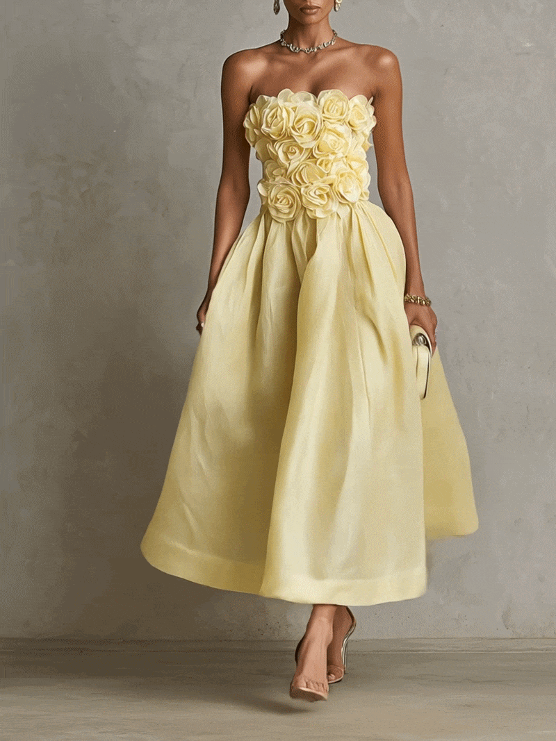 Vestido Midi Amarillo sin Tirantes con Flores 3D