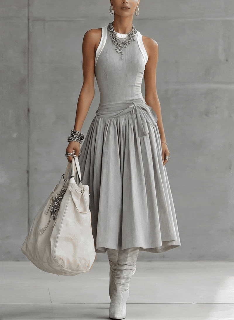 Vestido Midi Gris de Punto Acanalado con Drapeado