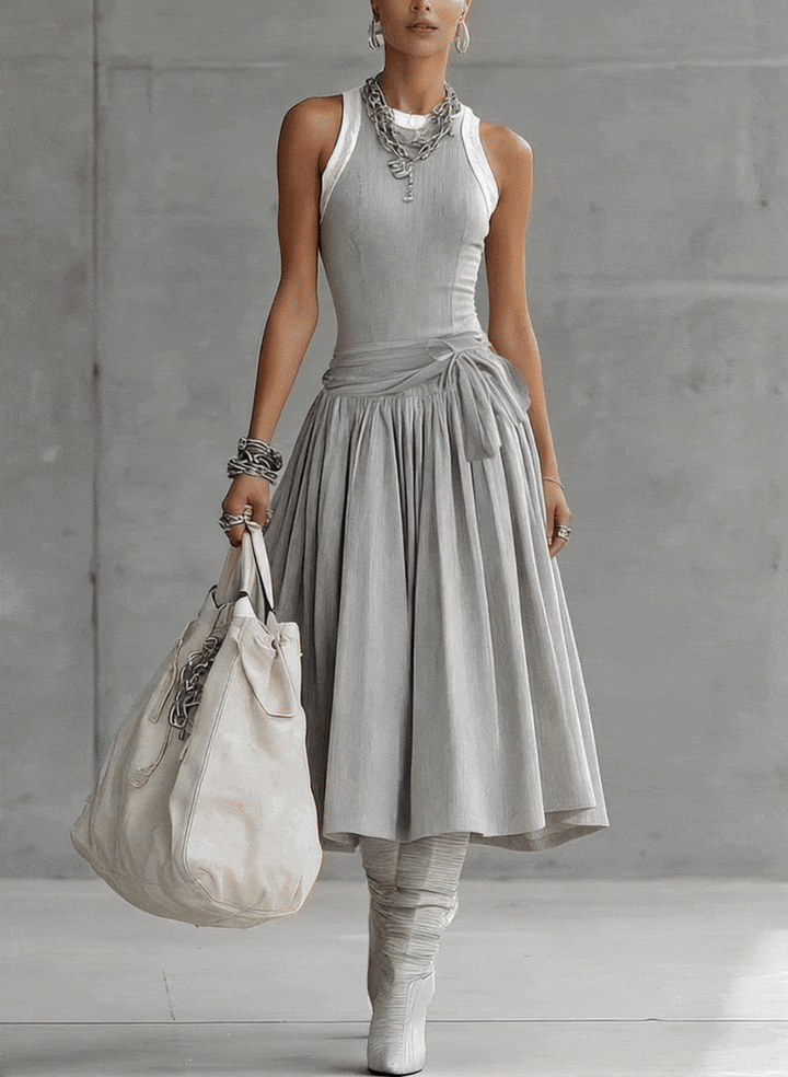 Vestido Midi Gris de Punto Acanalado con Drapeado