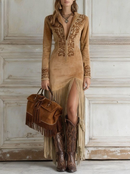 Vestido Maxi de Ante Sintético con Bordado y Flecos Estilo Western