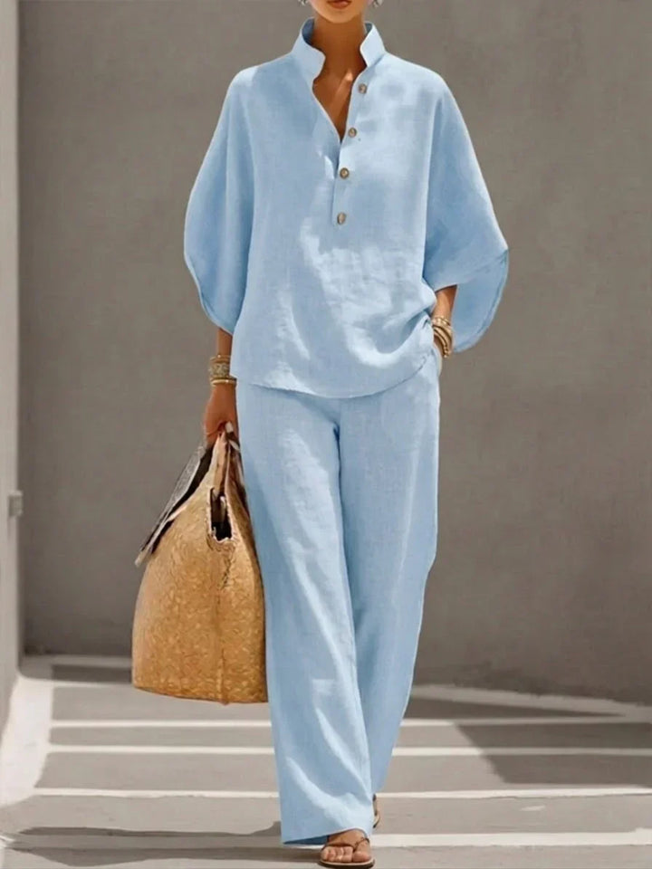 Maribel | Conjunto de lino con mangas murciélago y pantalón ancho